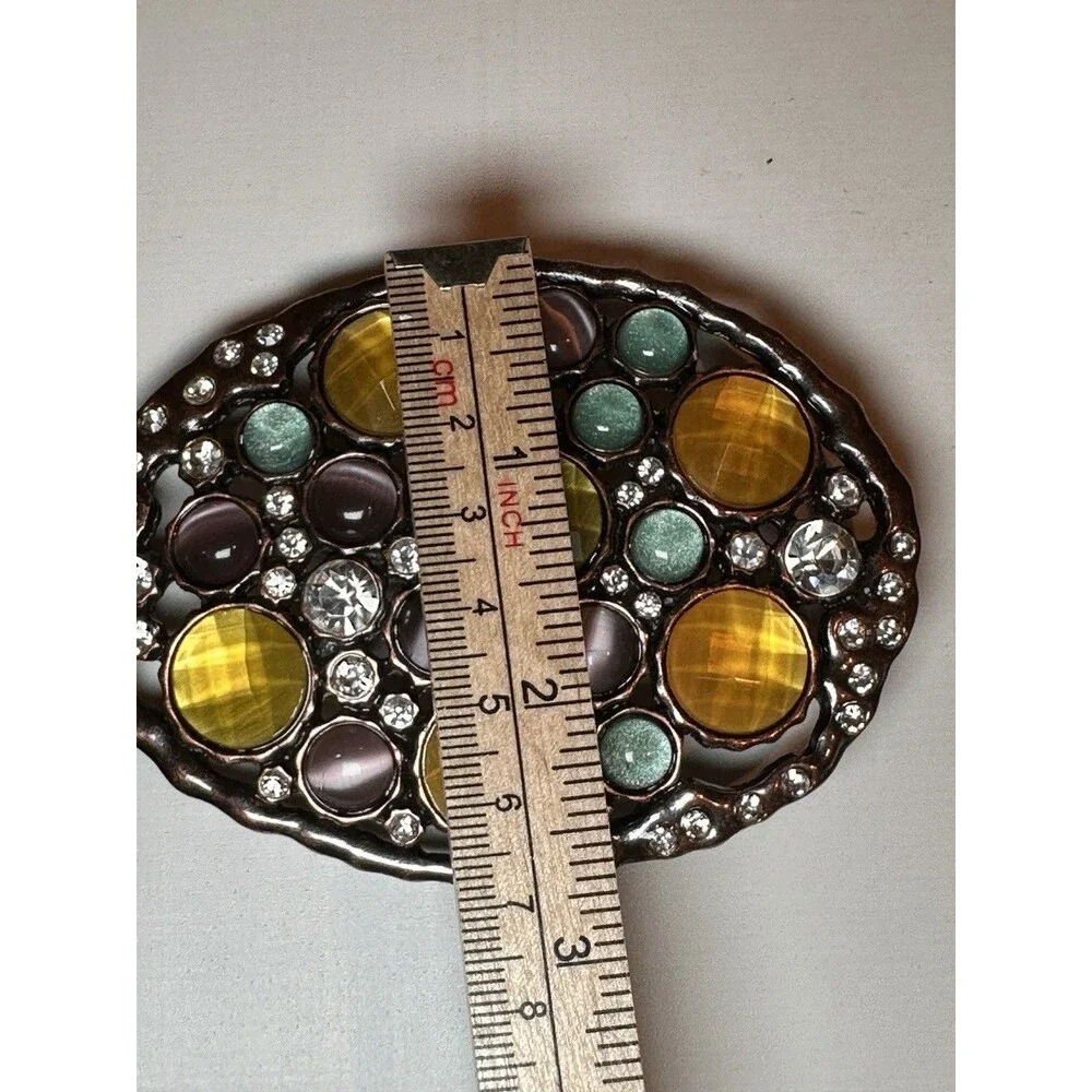 Ornate Copper Tone Oval Belt Buckle Multi Color Rhinestone Cabochon Gemstone